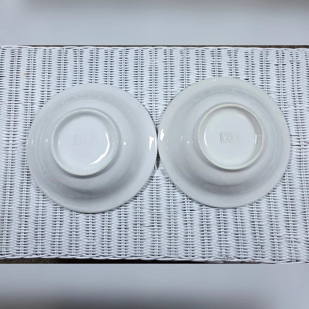 Pottery Barn Made In Italy Marked Set Of 2 Pasta Bowls Embossed Classic White.
